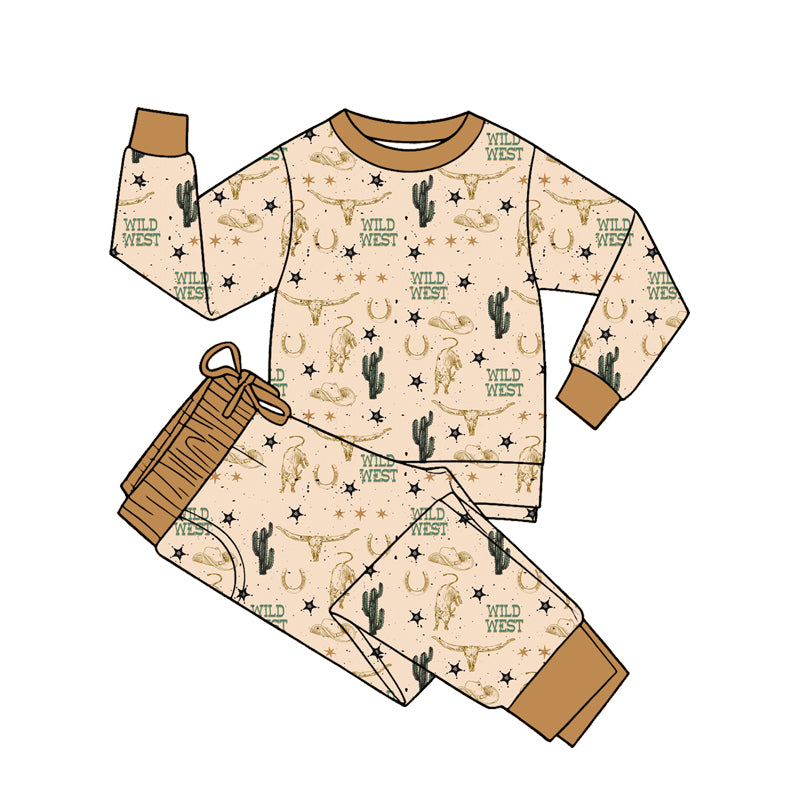 5.20 BLP1471 Preorder Wild West Cactus Hat Cow Print Boys Long Sleeve Pants Clothes Set