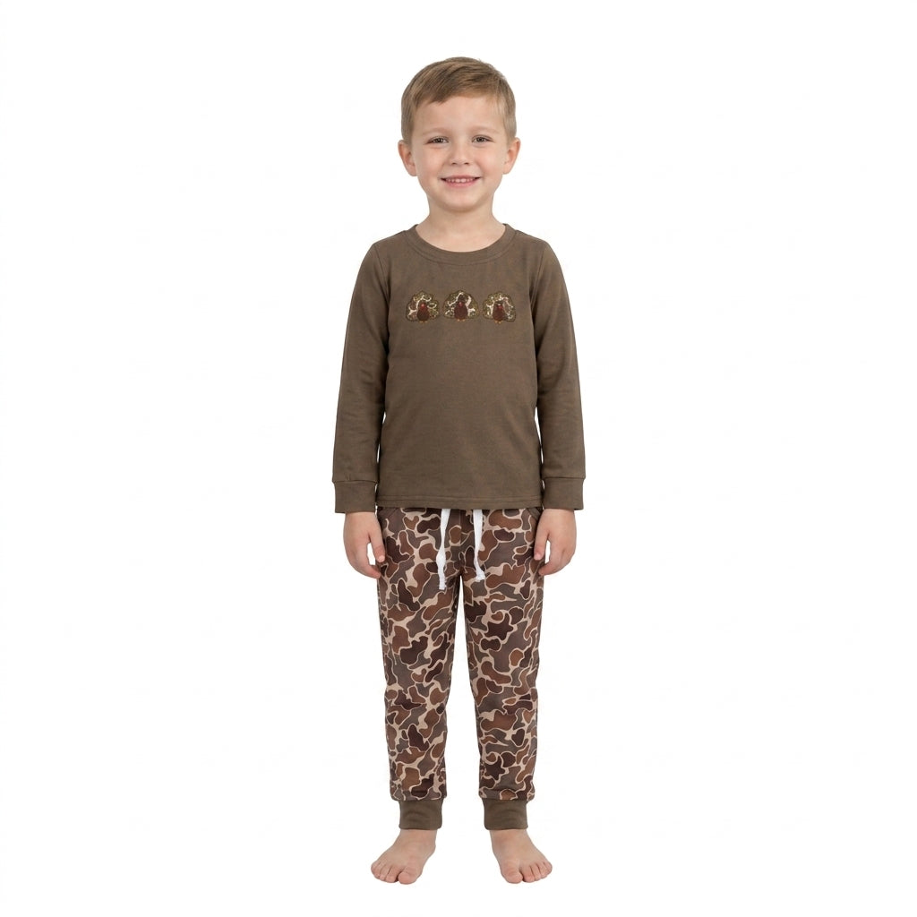 BLP1473 Turkey Embroidery Brown Top Camo Pants Boys Thanksgiving  Clothes Set
