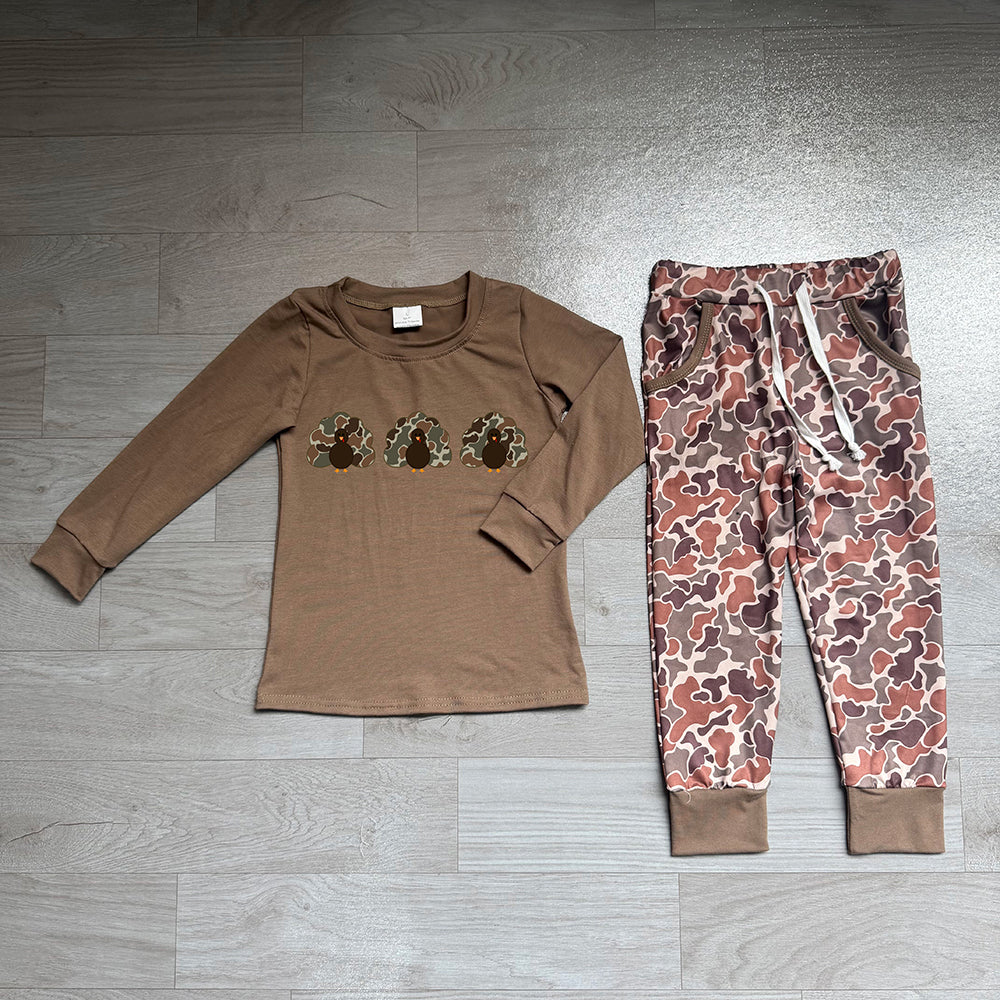 6.19 Baby Boys Thanksgiving Turkey Brown Camo Long Sleeve Top with Pants Outfit Preorder