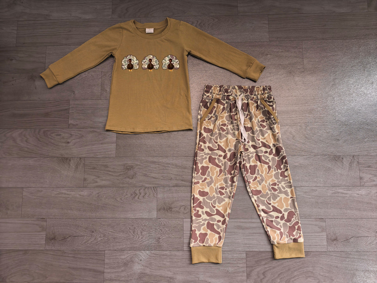 6.19 Baby Boys Thanksgiving Turkey Green Camo Long Sleeve Top with Pants Outfit Preorder