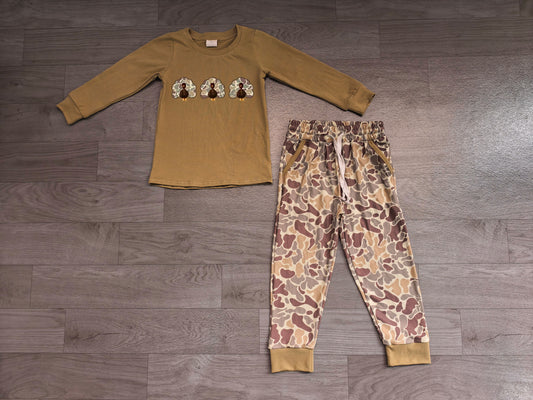 6.19 Baby Boys Thanksgiving Turkey Green Camo Long Sleeve Top with Pants Outfit Preorder
