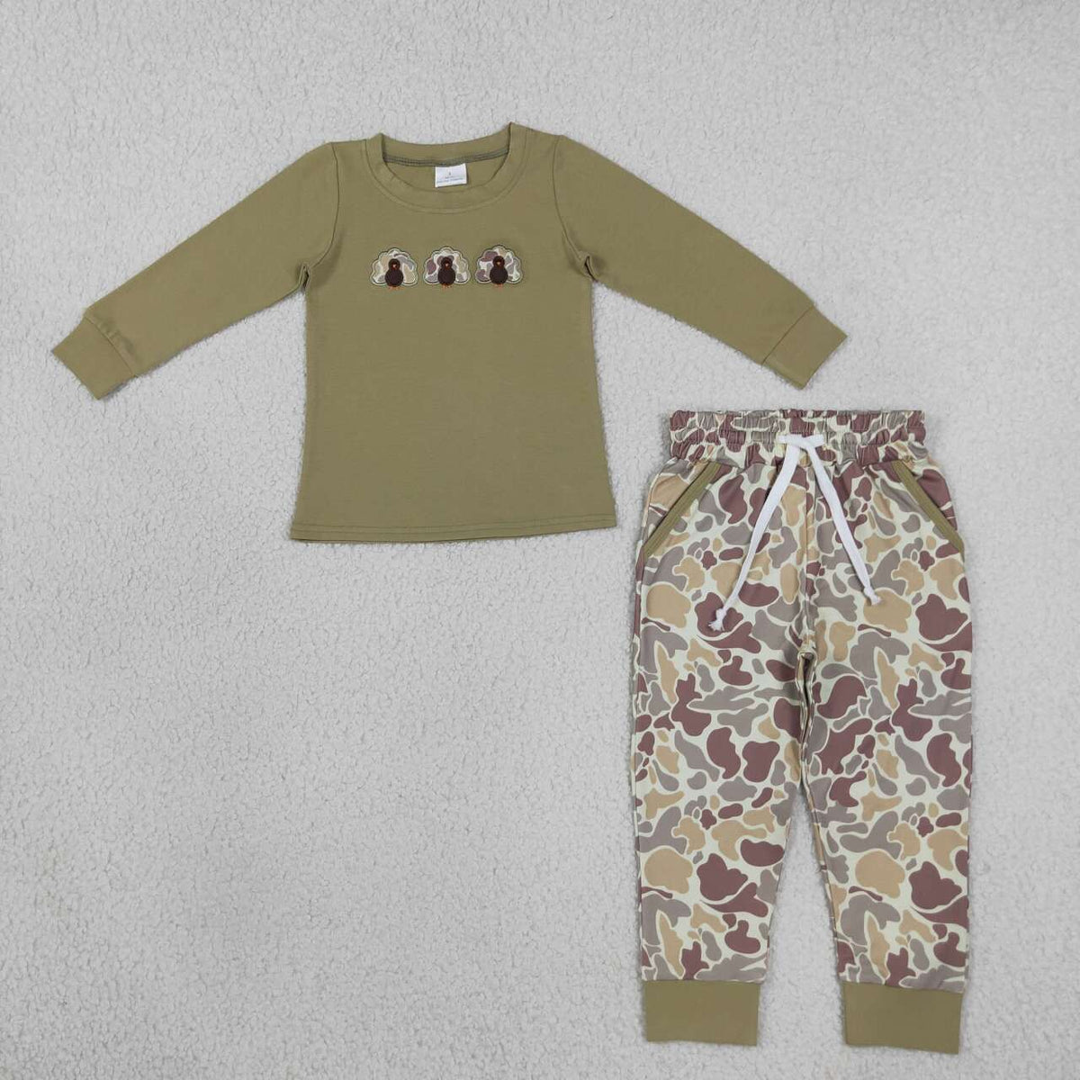 Sibling Baby Boys Thanksgiving Embroidery Turkey camo Outfit and Romper
