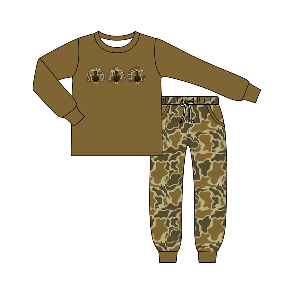 6.19 Baby Boys Thanksgiving Turkey Dark Green Camo Long Sleeve Top with Pants Outfit Preorder