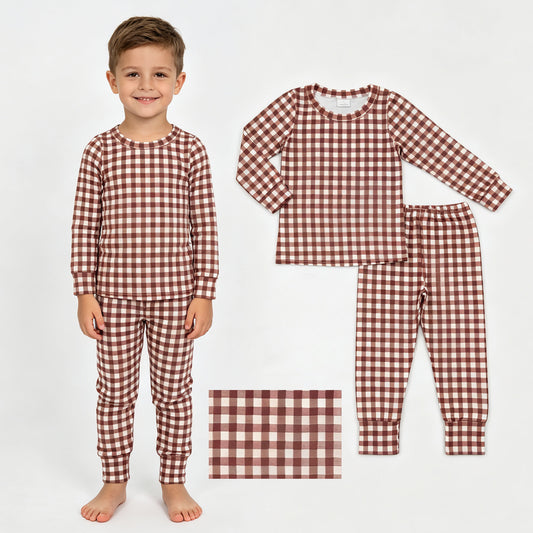 BLP1478 Brown Checkerd Print Kids Fall Pajamas Clothes Set