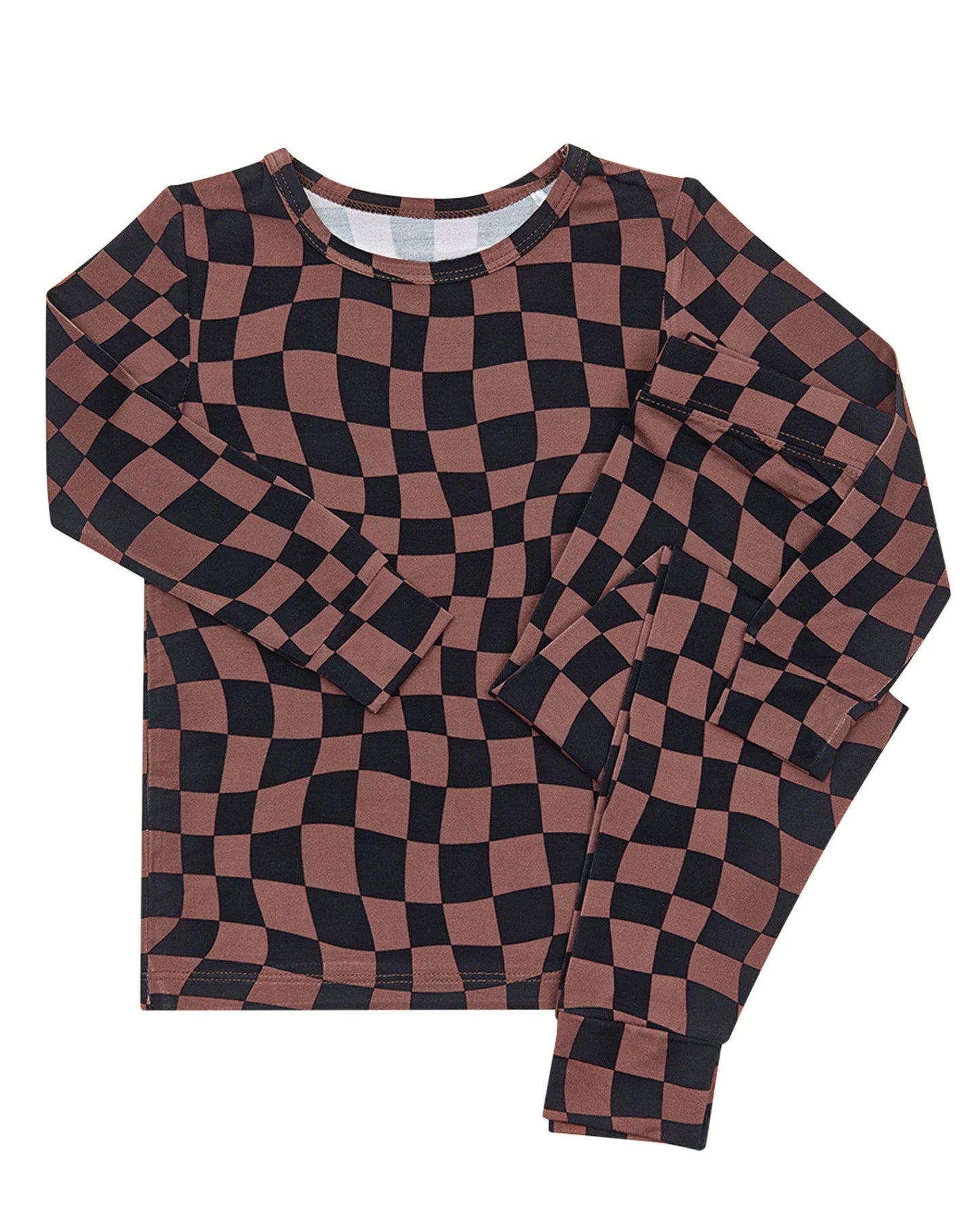6.23 Preorder BLP1480 Brown Black Plaid Print Kids Pajamas Clothes Set