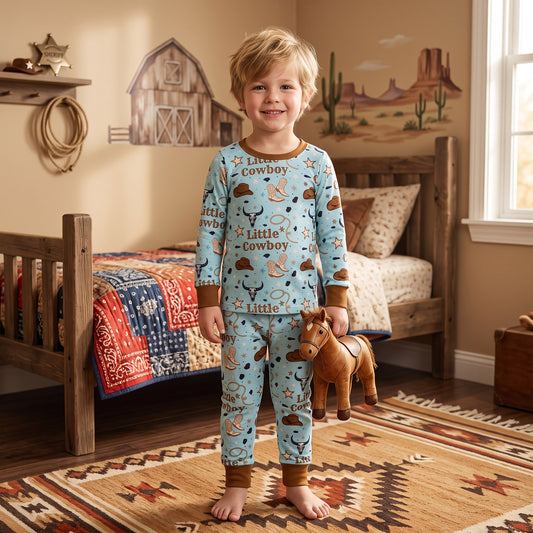 BLP1485 Little Cowboy Boots Print Boys Western Pajamas Clothes Set