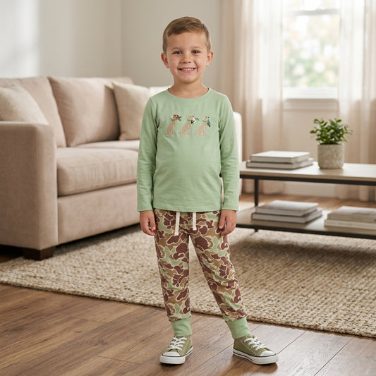BLP1492 Dog Hunting Embroidery Green Top Camo Pockets Pants Boys Clothes Set