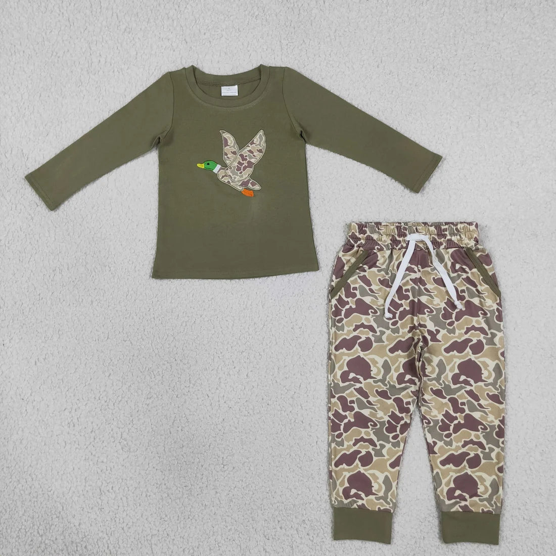 Sibling Kids Boys Embroidery Hunting Duck Long Sleeve Top Pants Outfit