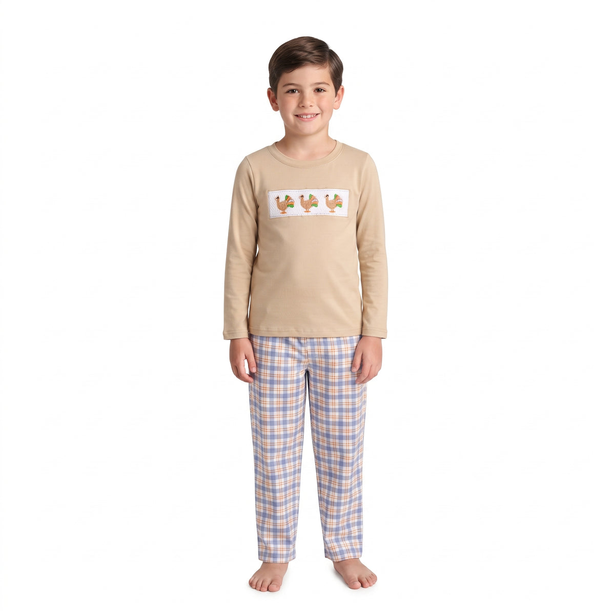 BLP1495 Turkey Embroidery Khaki Top Plaid Pants Boys Thanksgiving Clothes Set