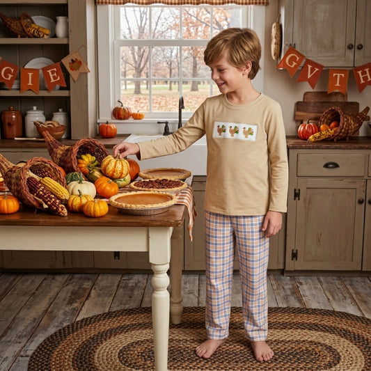 BLP1495 Turkey Embroidery Khaki Top Plaid Pants Boys Thanksgiving Clothes Set