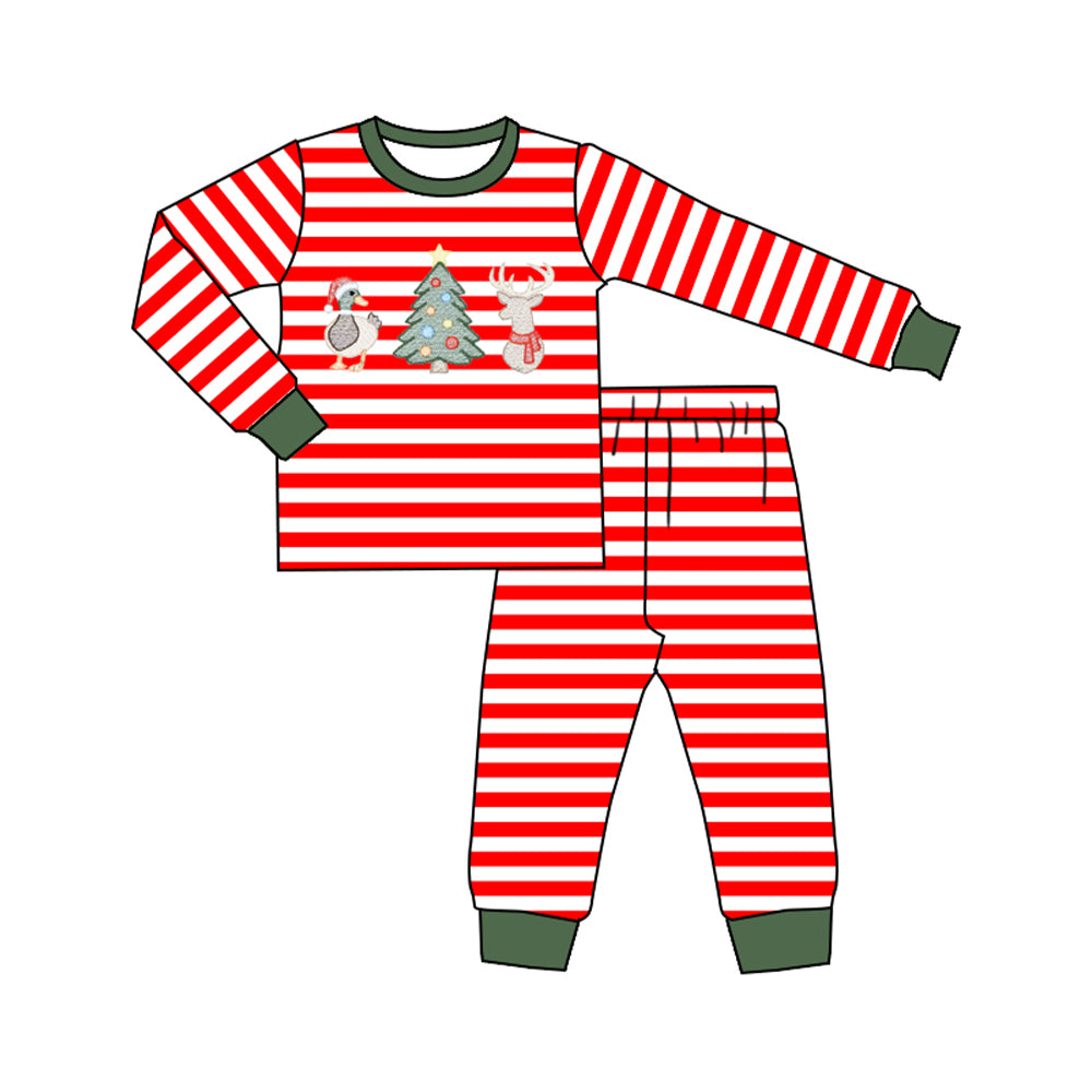7.2 Preorder Kids Boys Christmas Duck Deer Red Striped Long Sleeve Pajama Set