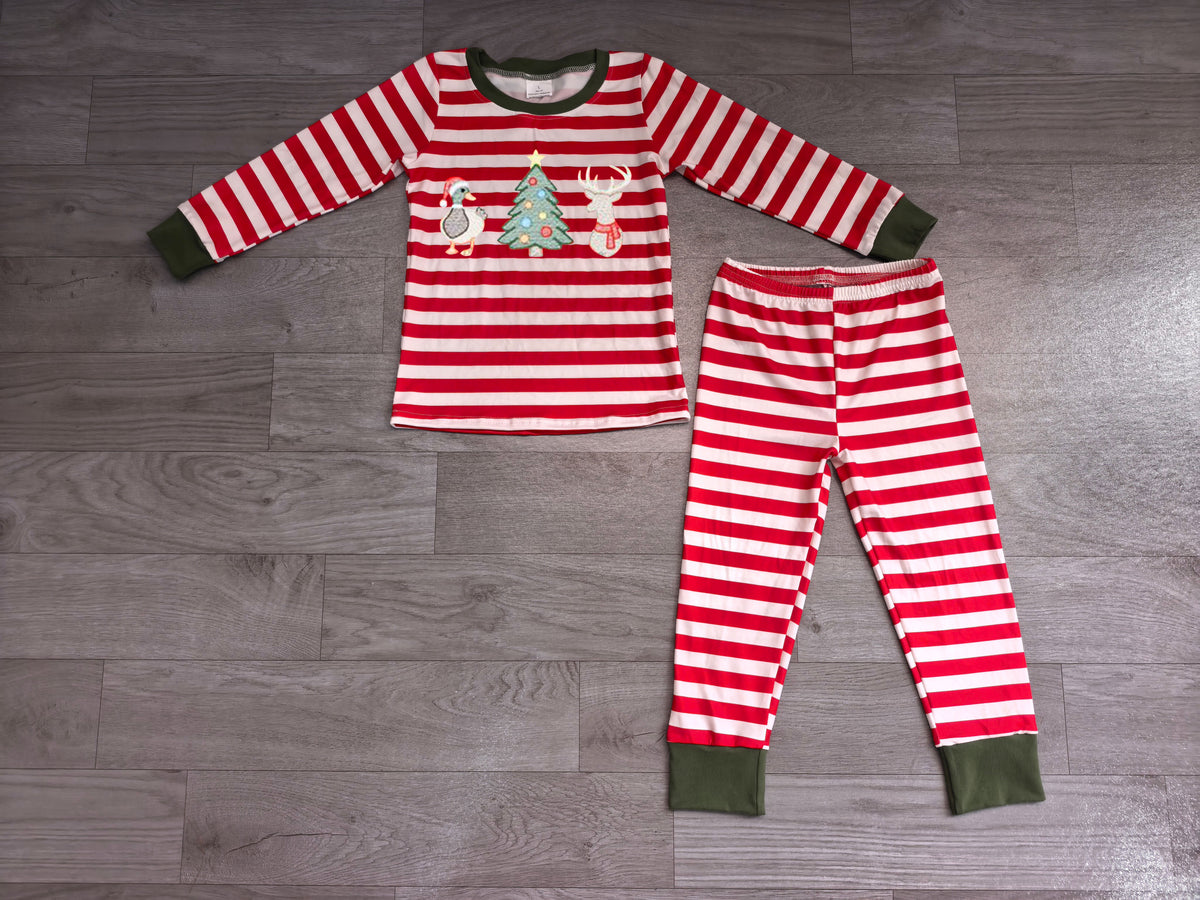7.2 Preorder Kids Boys Christmas Duck Deer Red Striped Long Sleeve Pajama Set