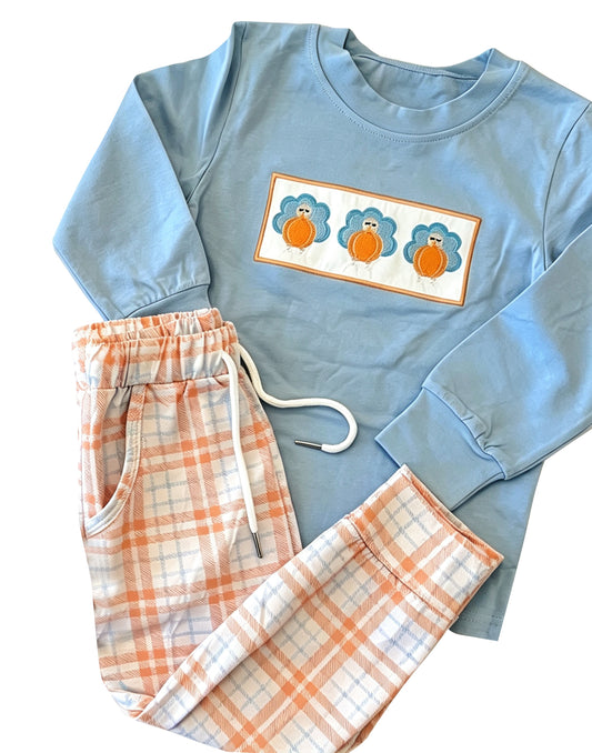 7.4 Preorder BLP1498 Pumpkin Turkey Blue Top Orange Checkerd Pants Boys Thanksgiving Clothes Set