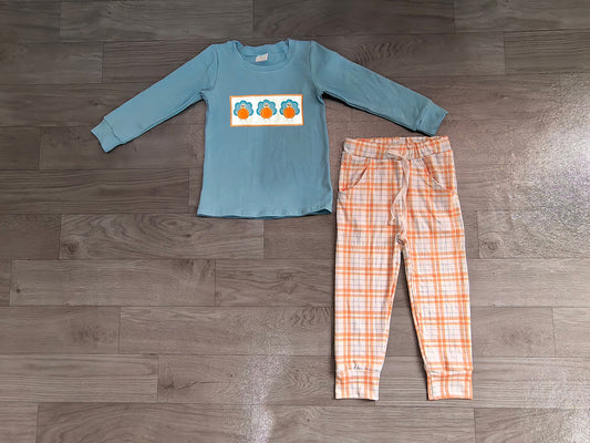 7.4 Preorder BLP1498 Pumpkin Turkey Blue Top Orange Checkerd Pants Boys Thanksgiving Clothes Set