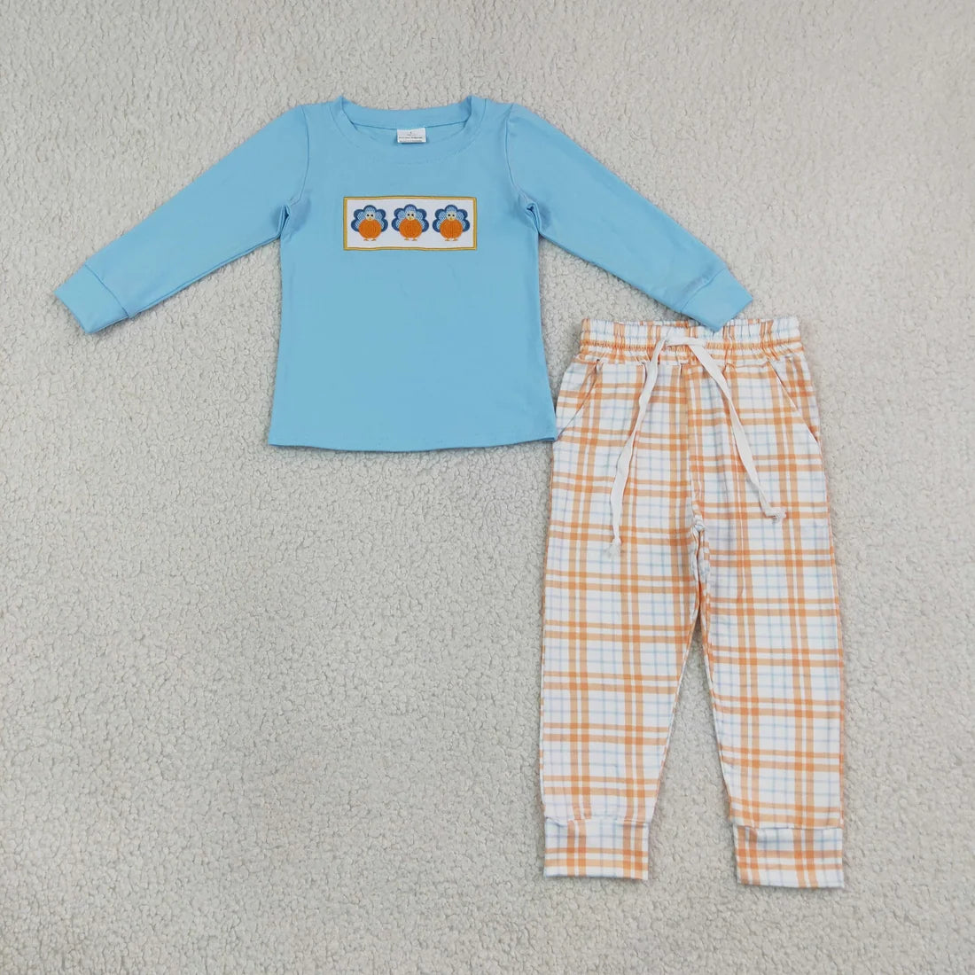 Sibling Kids Boys Holiday Embriodery Pumpkin Turkey Long Sleeve Top Pants Outfit