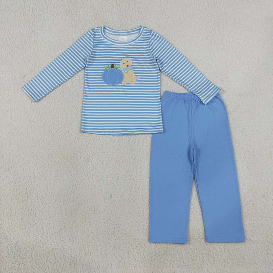 BLP1500 Dog Pumpkin Embroidery Stripes Top Blue Pants Boys Fall Clothes Set