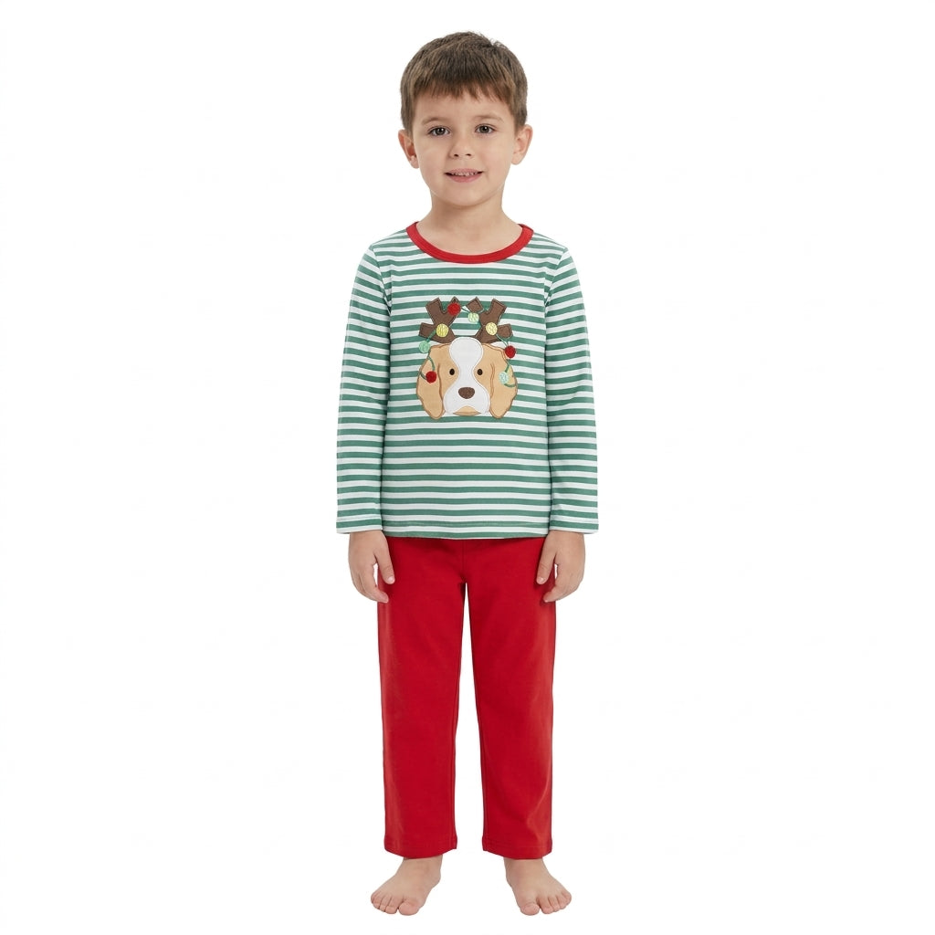BLP1502 Dog Embroidery Green Stripes Top Red Pants Boys Christmas Clothes Set