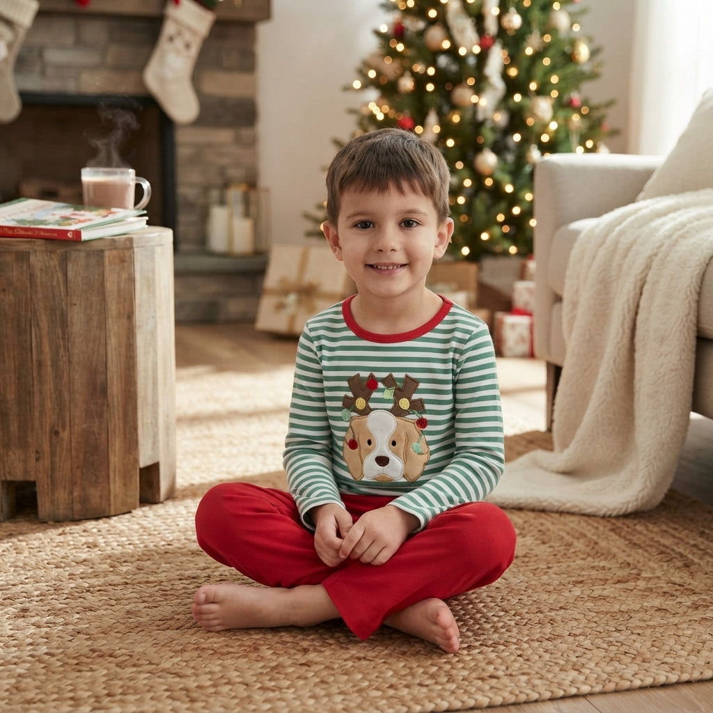 BLP1502 Dog Embroidery Green Stripes Top Red Pants Boys Christmas Clothes Set
