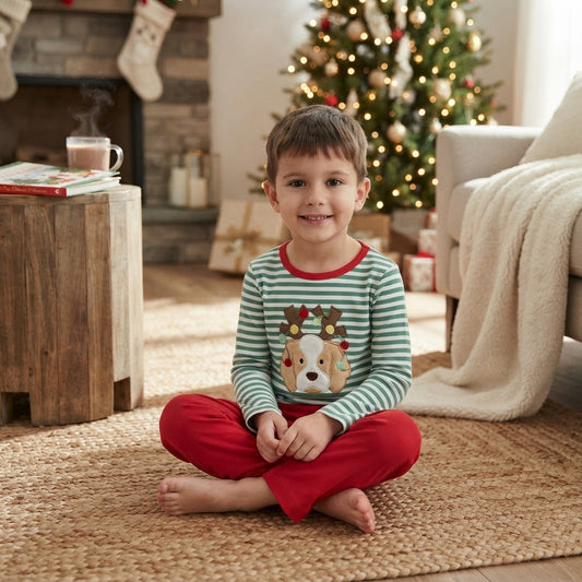 BLP1502 Dog Embroidery Green Stripes Top Red Pants Boys Christmas Clothes Set