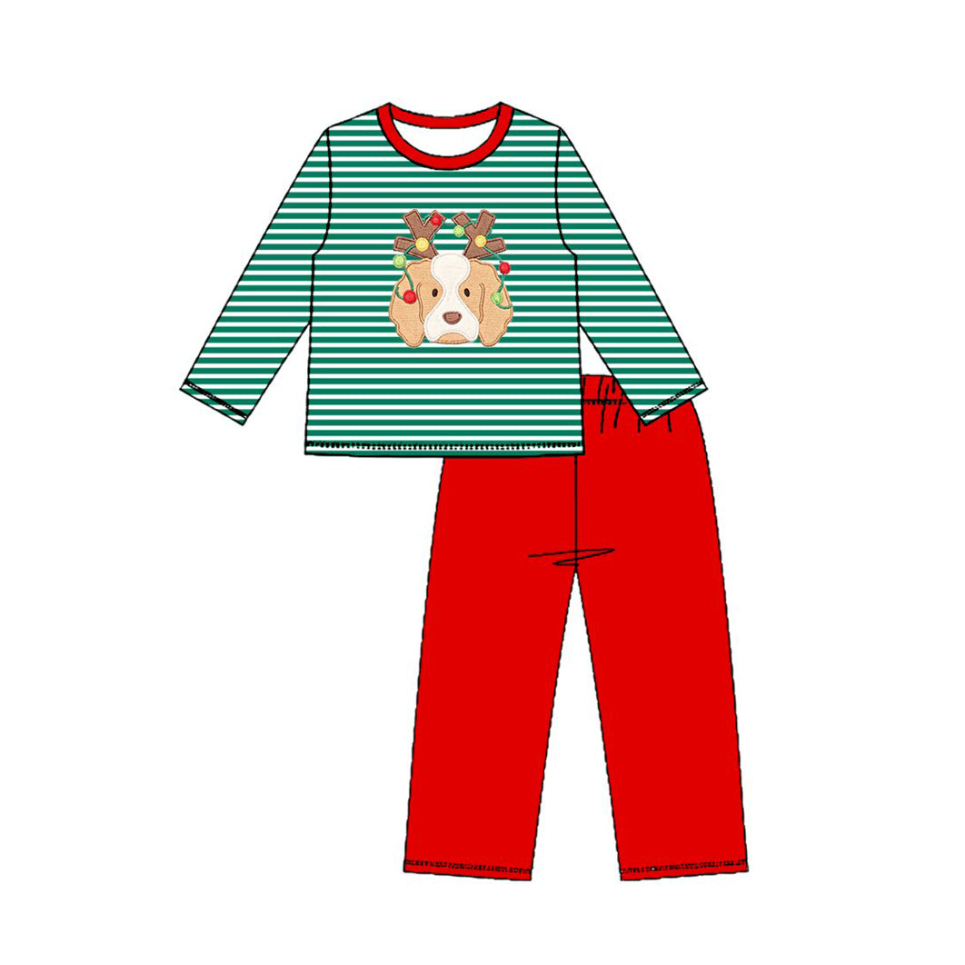 7.15 BLP1502 Preorder Dog Green Stripes Top Red Pants Boys Christmas Clothes Set