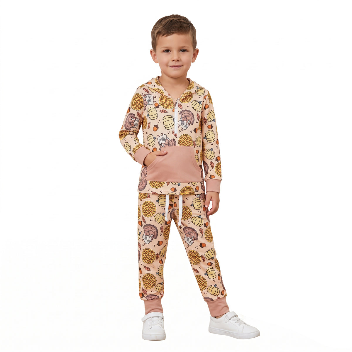 BLP1504 Turkey Pumpkin Pie Print Zipper Hoodie Top Pocket Pants Boys Thanksgiving Clothes Set