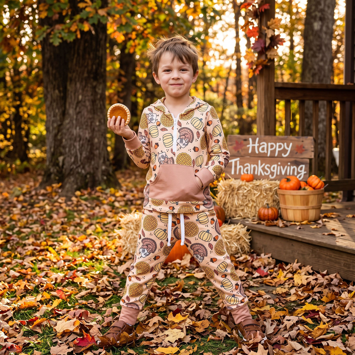 BLP1504 Turkey Pumpkin Pie Print Zipper Hoodie Top Pocket Pants Boys Thanksgiving Clothes Set
