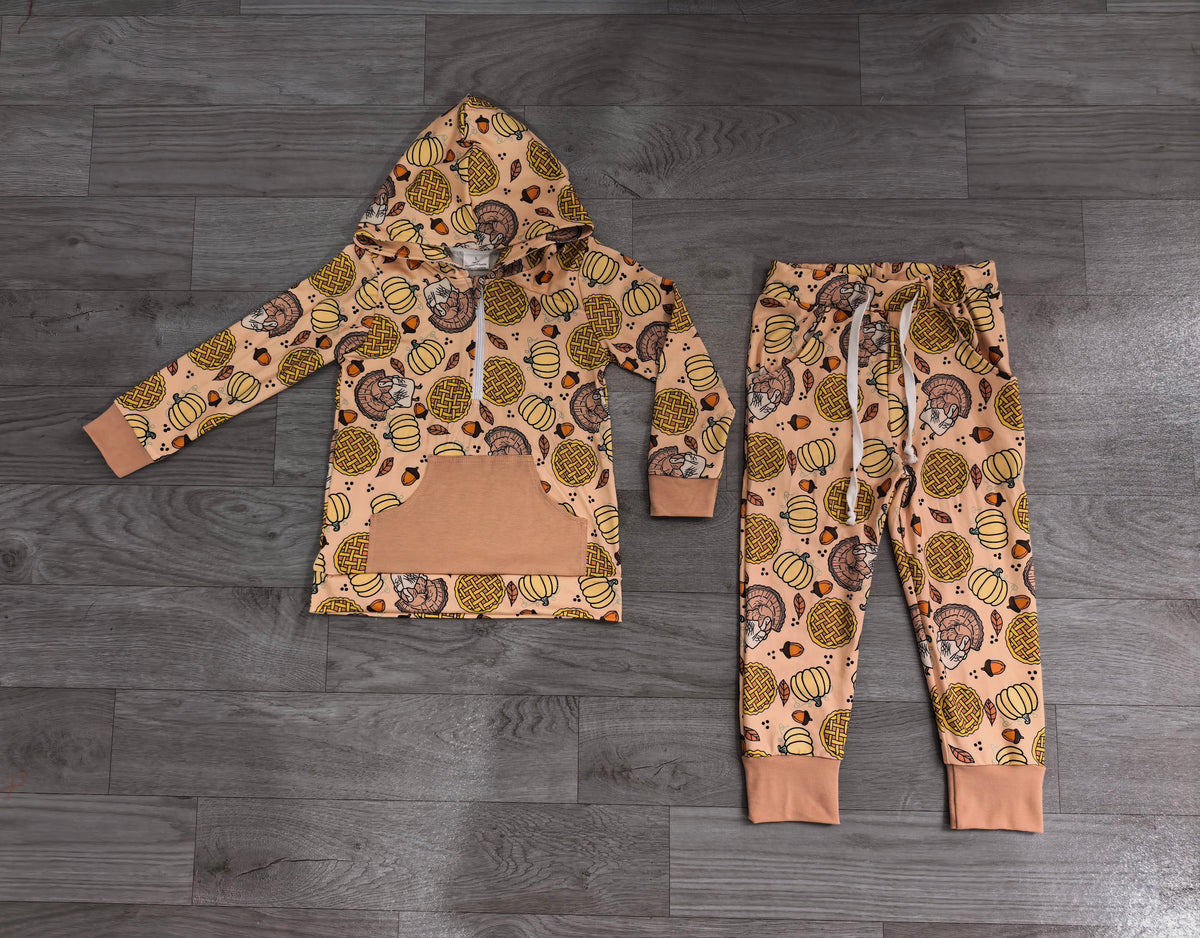 7.16 BLP1504 Preorder Turkey Pumpkin Pie Print Zipper Hoodie Top Pocket Pants Boys Thanksgiving Clothes Set