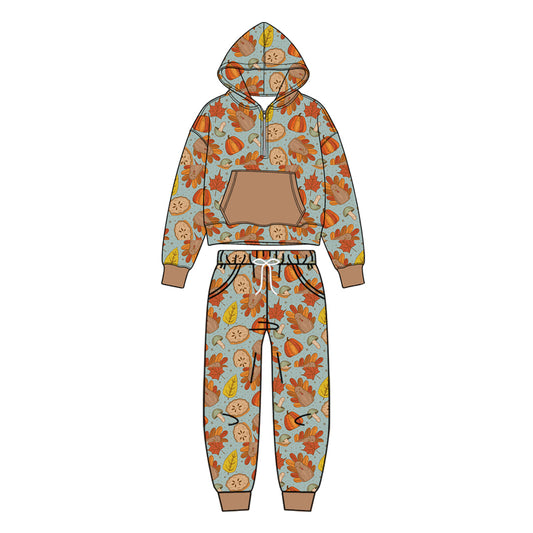 7.16 BLP1505 Preorder Turkey Pumpkin Pie Leaf Print Zipper Hoodie Top Pocket Pants Boys Thanksgiving Clothes Set
