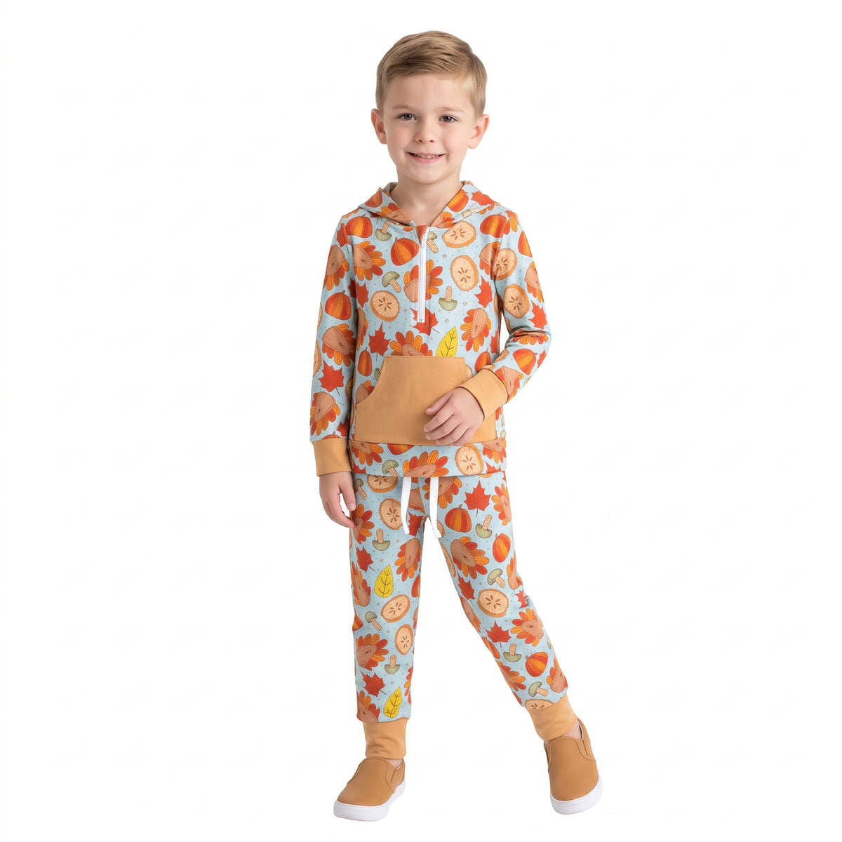 BLP1505 Turkey Pumpkin Pie Leaf Print Zipper Hoodie Top Pocket Pants Boys Thanksgiving Clothes Set