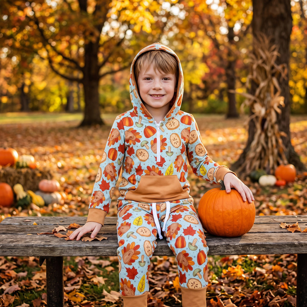 BLP1505 Turkey Pumpkin Pie Leaf Print Zipper Hoodie Top Pocket Pants Boys Thanksgiving Clothes Set