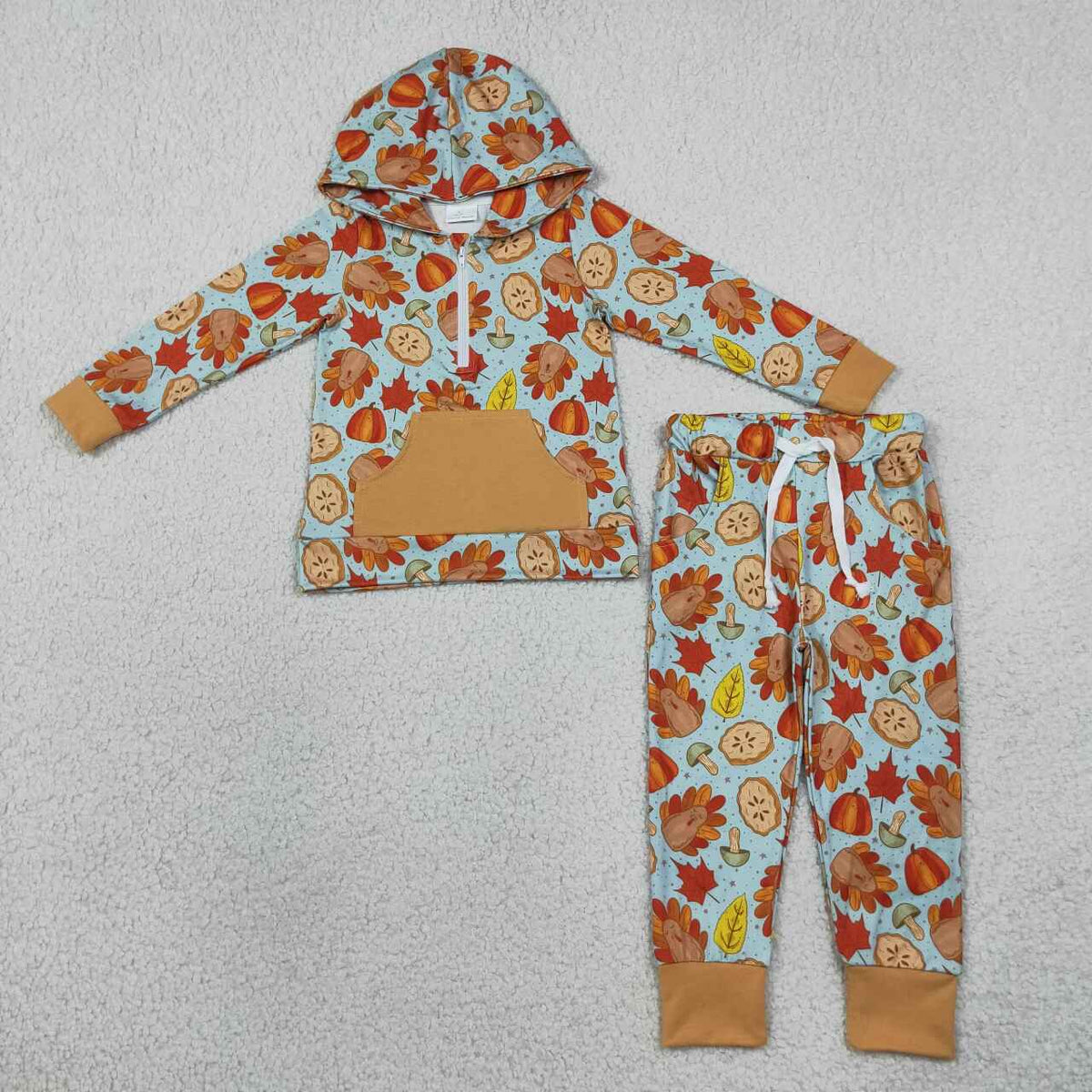 BLP1505 Turkey Pumpkin Pie Leaf Print Zipper Hoodie Top Pocket Pants Boys Thanksgiving Clothes Set
