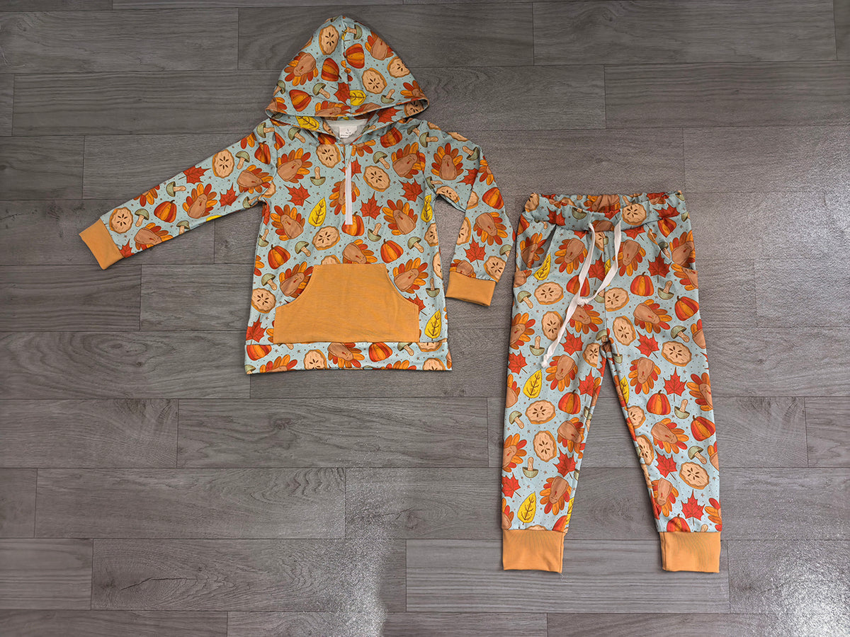7.16 BLP1505 Preorder Turkey Pumpkin Pie Leaf Print Zipper Hoodie Top Pocket Pants Boys Thanksgiving Clothes Set