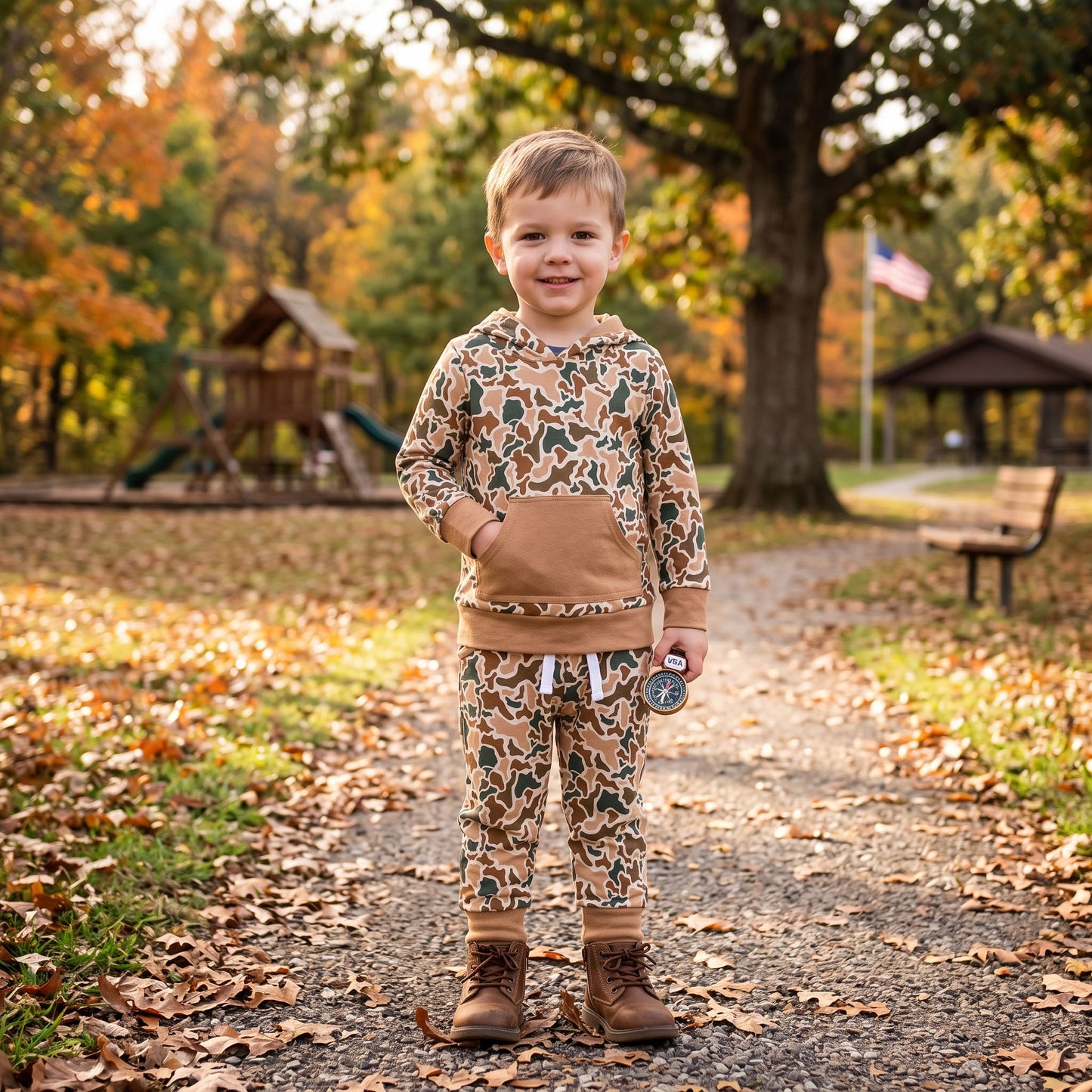 BLP1509 Brown Camo Hoodie Top Pockets Pants Boys Fall Clothes Set