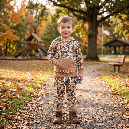 BLP1509 Brown Camo Hoodie Top Pockets Pants Boys Fall Clothes Set