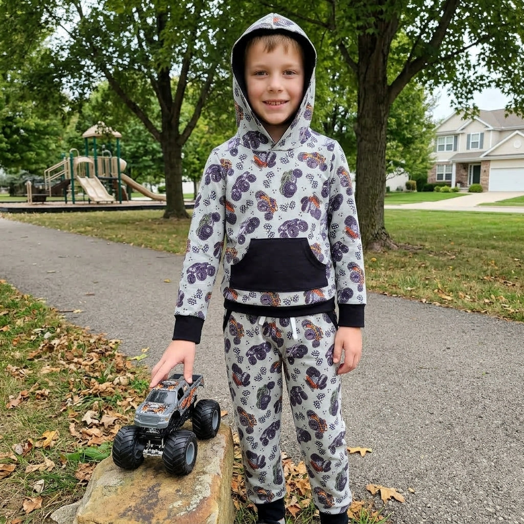BLP1511 Monster Trucks Hoodie Top Pockets Pants Boys Fall Clothes Set