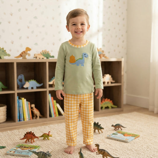 BLP1515 Dino Pumpkin Embroidery Green Top Checkered Pants Boys Fall Clothes Set