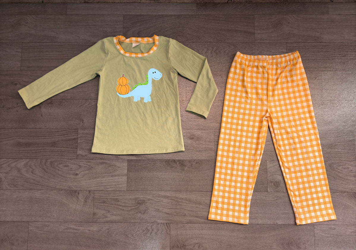 7.27 BLP1515 Preorder Dino Pumpkin Top Checkered Pants Boys Fall Clothes Set