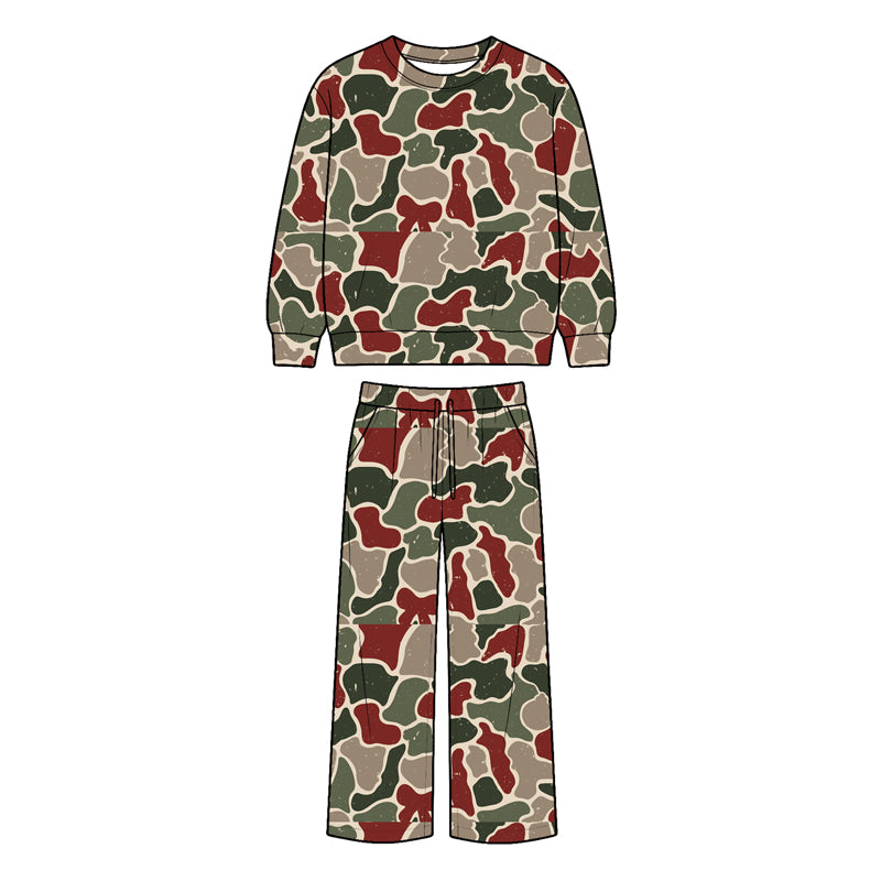 7.28 BLP1519 Preorder Red Green Camo Print Long Sleeve Top Pockets Pants Kids Christmas Clothes Set
