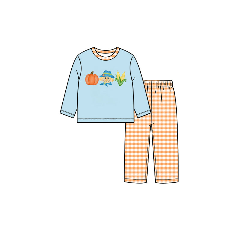 7.29 BLP1522 Preorder Pumpkin Scarecrow Corn Blue Top Checkered Pants Boys Fall Clothes Set
