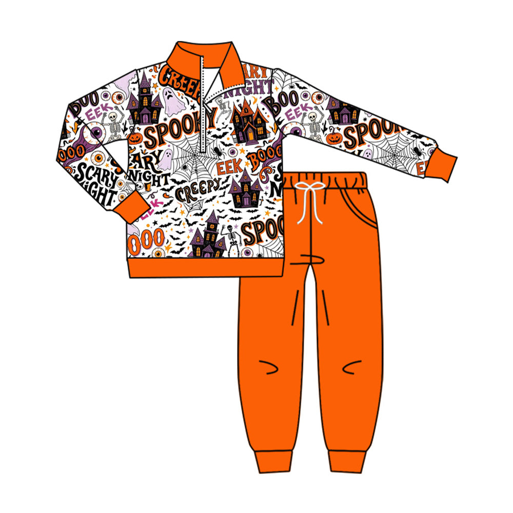 7.31 BLP1529 Preorder SPOOKY Ghost Boo Bat Zipper Pullover Top Orange Pockets Pants Boys Halloween Clothes Set