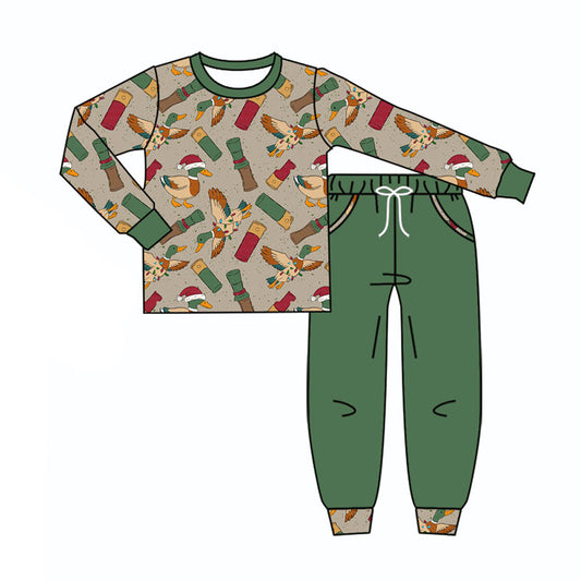7.31 BLP1531 Preorder Duck Call Long Sleeve Top Green Pockets Pants Boys Christmas Clothes Set