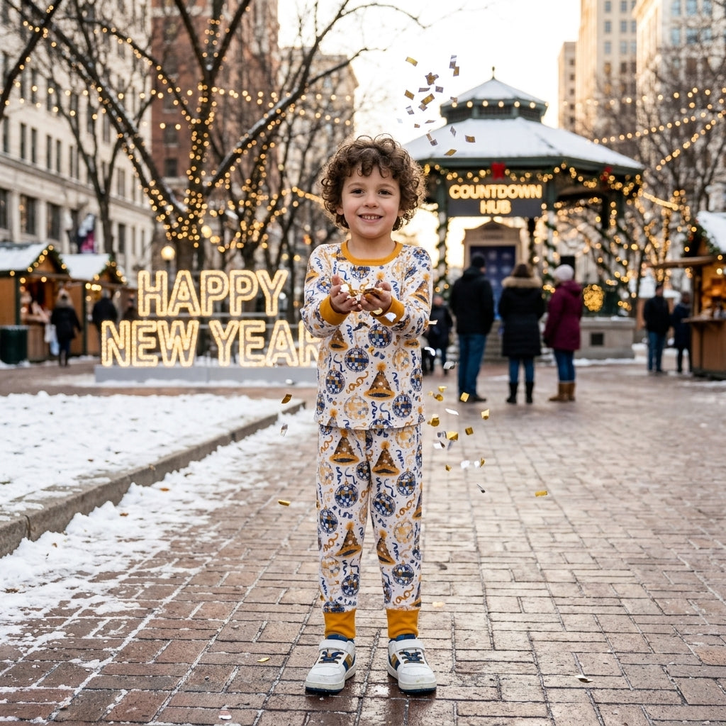 BLP1534 Disco Ball Stars Print Boys Happy New Year Pajamas Clothes Set