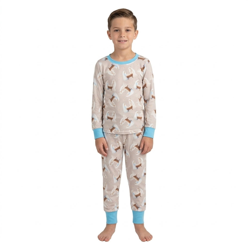 BLP1535 Nativity Stars Print Kids Christmas Pajamas Clothes Set