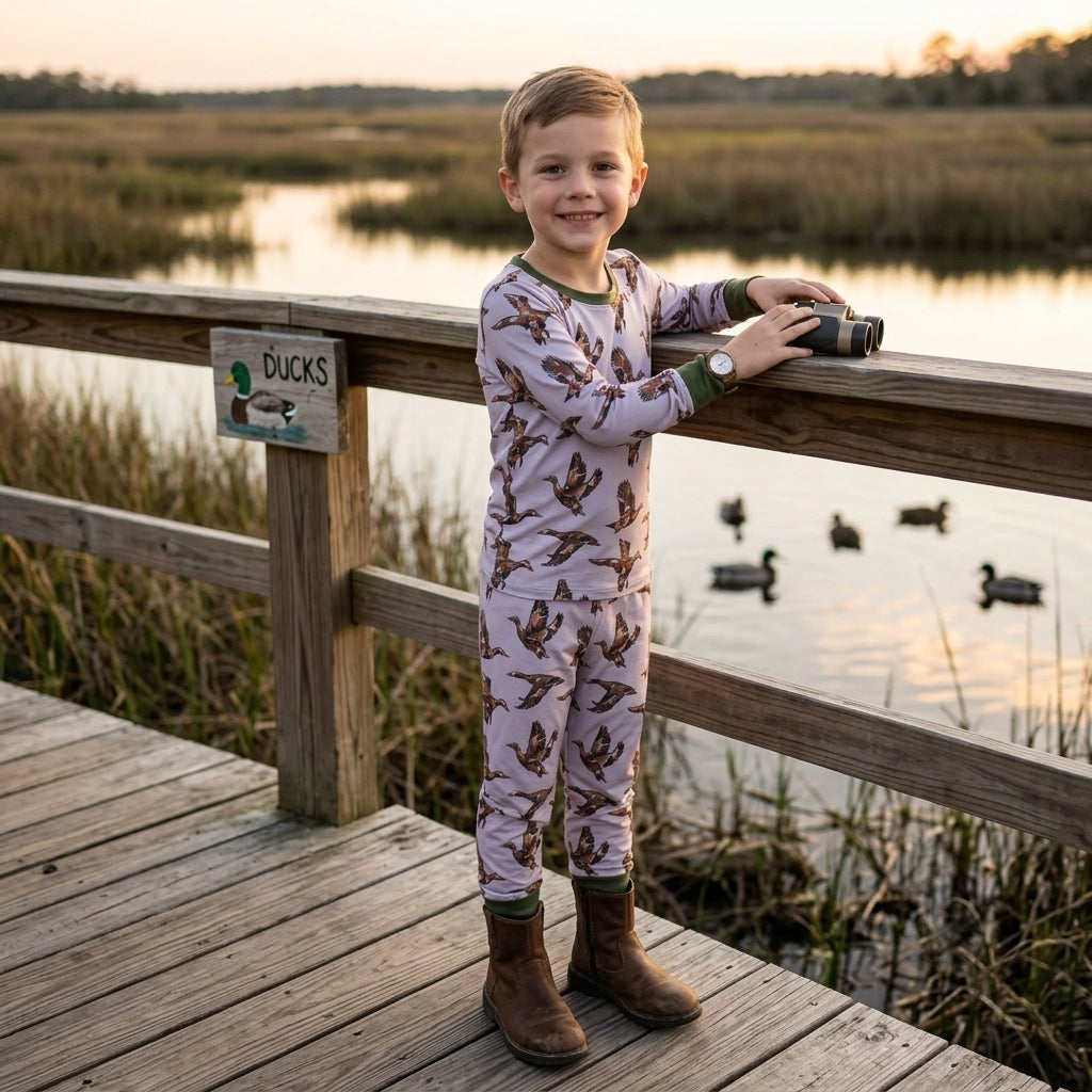 BLP1538 Mallard Duck Print Kids Boys Long Sleeve Pajamas Clothes Set