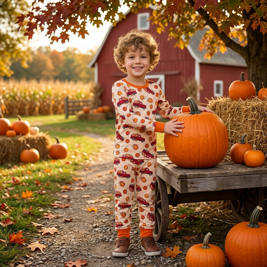 Kids Boys Fall Pumpkin Truck Long Sleeve Pajama Set