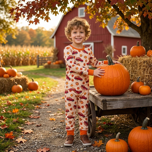 BLP1541 Pumpkin Truck Boys Fall Long Sleeve Pajamas Clothes Set
