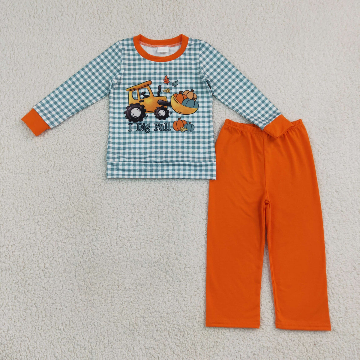 I Dig Fall Pumpkin Green Gingham Top Orange Pants Outfit +Bubble Romper for Baby Boys Sibling