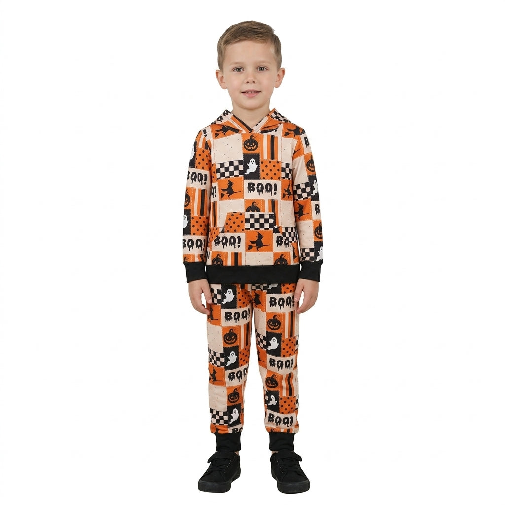 BLP1544 Pumpkin Ghost BOO! Checkered Print Hoodie Top Pockets Pants Boys Halloween Clothes Set