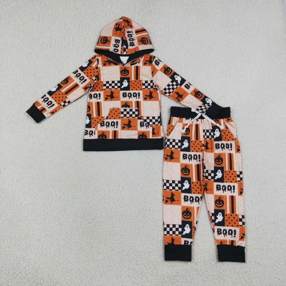 BLP1544 Pumpkin Ghost BOO! Checkered Print Hoodie Top Pockets Pants Boys Halloween Clothes Set