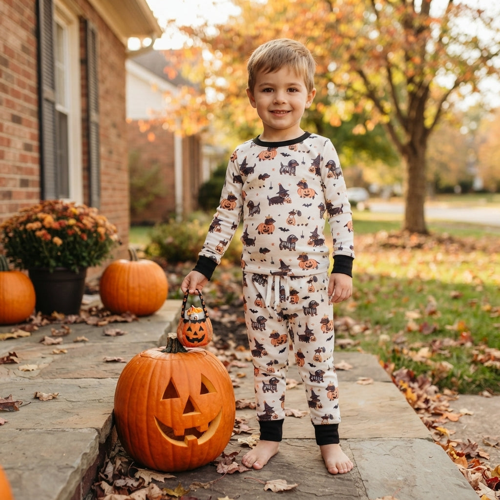 BLP1548 Dachshund Dog Pumpkin Kids Boys Halloween Long Sleeve Pajamas Clothes Set